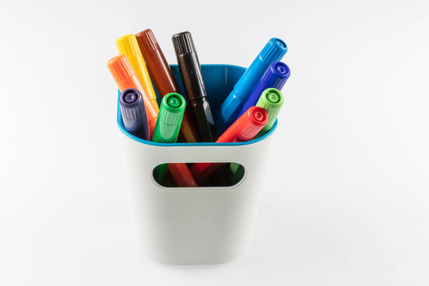 Rainbow Colored Felt Tip Pens in a Container with White Background - Photo, Image