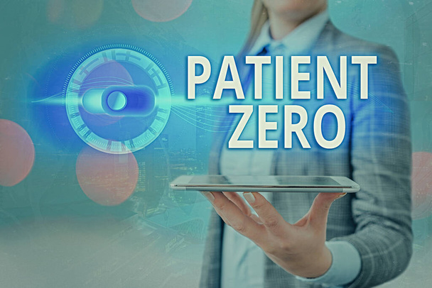 Text sign showing Patient Zero. Conceptual photo primary disease carrier of the highlycontagious disease Graphics padlock for web data information security application system. - Photo, Image