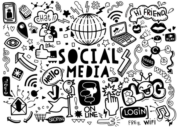 Vektorové kresby na sociálních sítích., Vektorové kresby Vektorové kresby Sada kreslených objektů a symbolů na téma Sociální média - Vektor, obrázek