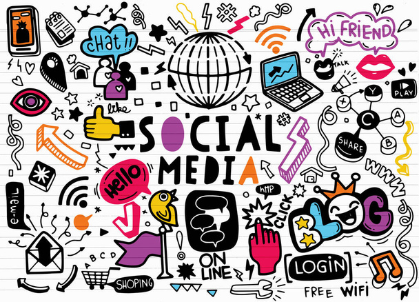 Sosyal medya vektörü karalamaları., Vector line Art Doodle Sosyal Medya temalı nesneler ve semboller kümesi - Vektör, Görsel