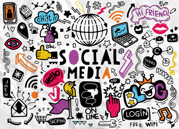 Social media vector doodles.,Vector line art Doodle cartoon set of objects and symbols on the Social Media theme - Vector, Image