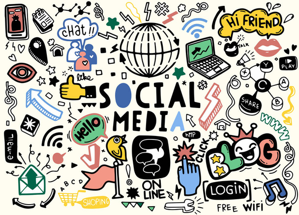 Sosyal medya vektörü karalamaları., Vector line Art Doodle Sosyal Medya temalı nesneler ve semboller kümesi - Vektör, Görsel