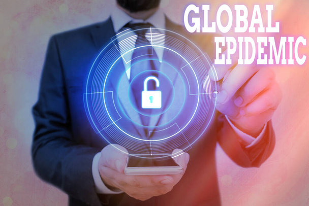 Tekst pisma Global Epidemic. Koncepcja oznaczająca szybkie rozprzestrzenianie się choroby zakaźnej na szerokim obszarze geograficznym Graficzna kłódka dla systemu aplikacji bezpieczeństwa danych internetowych. - Zdjęcie, obraz