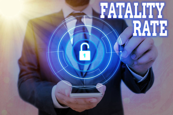 Handschrift tekst Fatality Rate. Concept betekent berekend aantal sterfgevallen over een bepaalde periode Grafisch hangslot voor webgegevensbeveiligingssysteem. - Foto, afbeelding