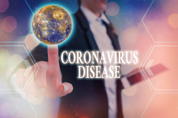 Käsiala teksti Coronavirus tauti. Käsitteen merkitys määritellään sairaus aiheuttama uusi virus SARSCoV2 Futuristic kuvakkeet aurinkokunnan. Elementit tämän kuvan kalustettu NASA. - Valokuva, kuva