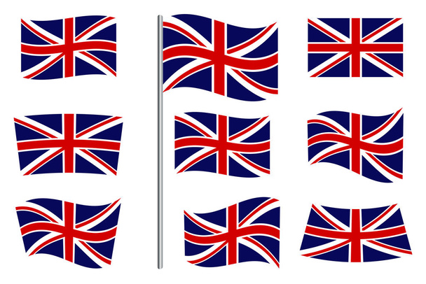 Büyük Britanya bayrak simgeleri. Birleşik Krallık 'ın sembollerinin vektör görüntüleri. İngiltere 'nin ulusal amblemlerinin düz dalgalı 3D çizimleri. Stok Fotoğrafı. - Vektör, Görsel