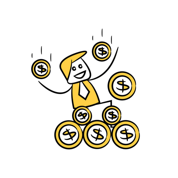Geschäftsmann und Haufen von Geldmünzen gelb Strichmännchen-Design - Vektor, Bild