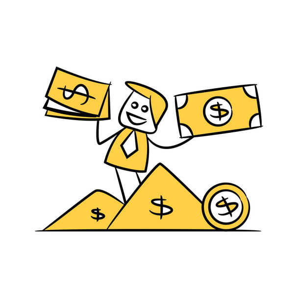 businessman and pile of money yellow stick figure design - Vector, Image