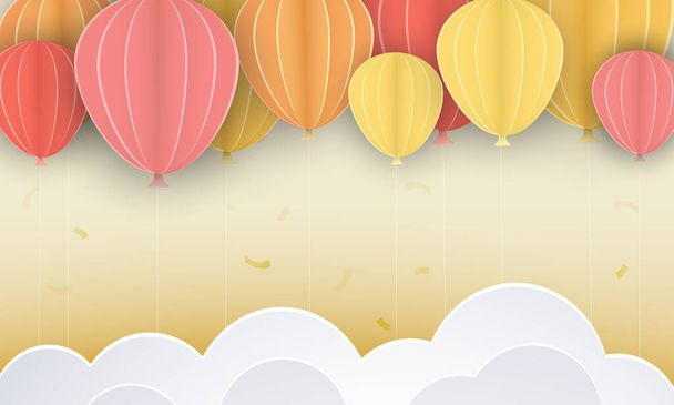 Ilustración vectorial con globos de colores, nubes de papel de arte y lugar para el texto sobre fondo dorado degradado
 - Vector, Imagen