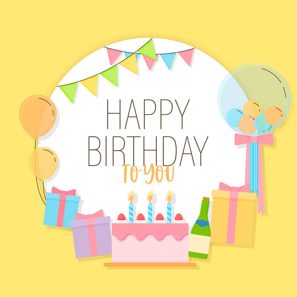 Happy birth day vector illustration with colourful present boxes, party hat, colourful balloons and decorations on yellow background - Vektor, kép