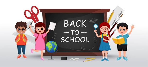 Back to school template, vector illustration with school kids, chalkboard, stationery, school items and elements - Vector, Image