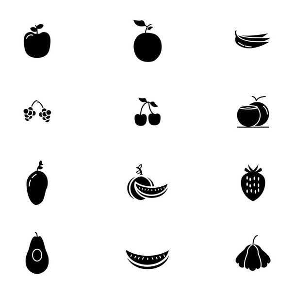 12 frutas icono conjunto estilo glifo como mangos, manzanas, plátanos, piñas, cocos, aguacates, guayabas, cerezas - Vector, imagen