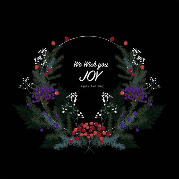 Christmas Wreath greeting text We wish you joy happy holiday circle shape branch vector isolated on black background ,Design for all graphic  - Vector, Image