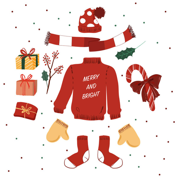 Cute red Sweater and winter Christmas elements decoration vector  new year holiday mood hand drawn icons set isolated vector illustration on white background - Vettoriali, immagini