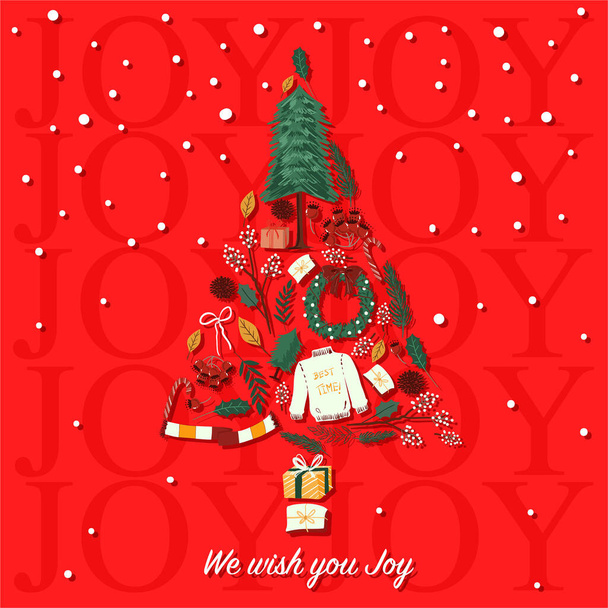 Χριστουγεννιάτικα στοιχεία σε νιφάδες δέντρου γκι ευτυχισμένη γιορτάζουν τη διάθεση για εποχιακή και όλα τα γραφικά τύπου σε κόκκινο φόντο χρώμα με τη διατύπωση Σας ευχόμαστε χαρά - Διάνυσμα, εικόνα