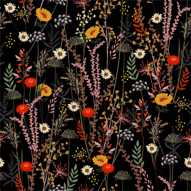 Beautiful blooming meadow flowers in many kind of florals hand drawn style seamless pattern in vector ,Design for fashion,fabric,web,wallpaper,wrapping and all prints on black background color  - Vector, Imagen