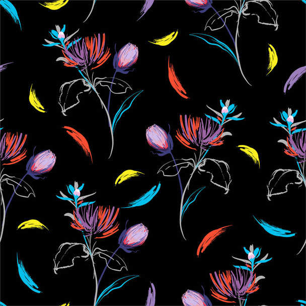 Trendy Colorful Hand brush strokes line of botanical flowers sketch style. Vector seamless pattern illustration design for fashion,fabric ,and all prints on black - Vector, Image