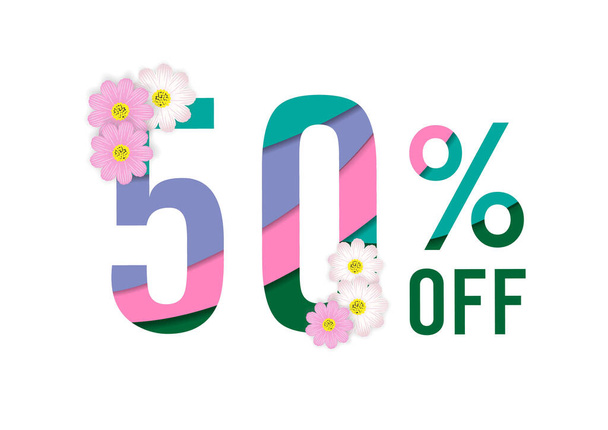 Spring sale colorful paper cut background with beautiful flower,fifty percent off,vector illustration template, banners, Wallpaper, invitation, posters, brochure, voucher discount. - Vettoriali, immagini