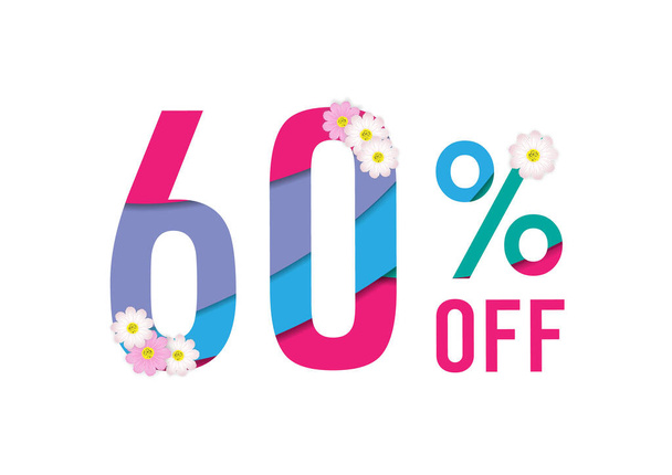 Spring sale colorful paper cut background with beautiful flower,sixty percent off,vector illustration template, banners, Wallpaper, invitation, posters, brochure, voucher discount. - Vektor, Bild