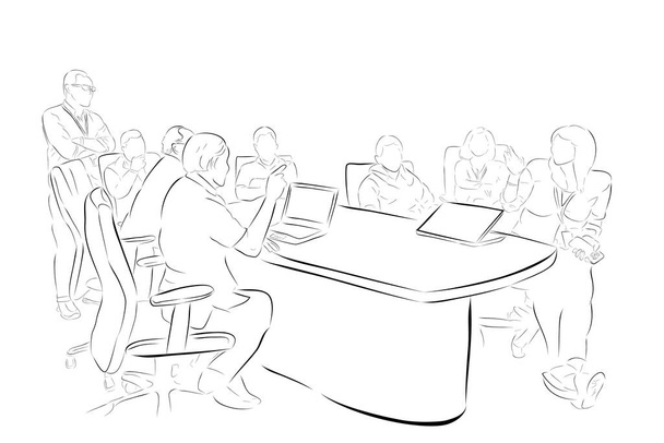 Vector conceptual simple, bosquejo de mano, 8 personas en la situación de reunión
 - Vector, imagen