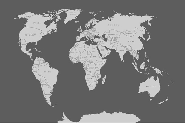 Papier na mapie świata. Mapa polityczna świata na szarym tle. Kraje. Ilustracja wektora. Białe. - Wektor, obraz