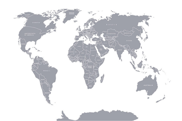 Carta geografica del mondo. Mappa politica del mondo su sfondo grigio. Paesi. Illustrazione vettoriale. Bianco. - Vettoriali, immagini