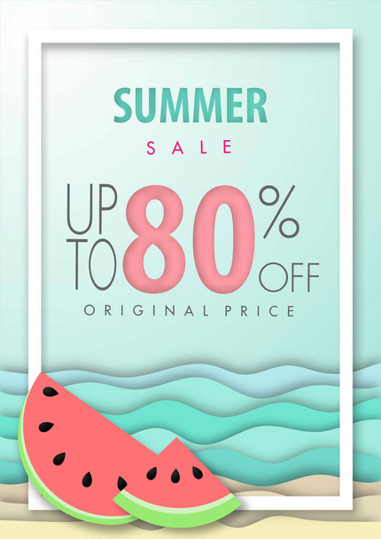 Summer sale background ,eighty percent off, beautiful beach paper art style with frame vector illustration template - Wektor, obraz
