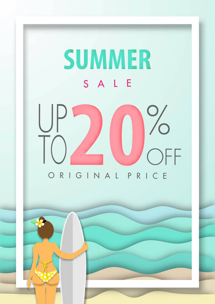 Summer sale background ,twenty percent off, beautiful beach paper art style with frame vector illustration template - Wektor, obraz