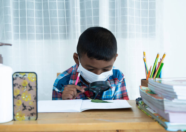 mignon petit asiatique garçon apprentissage en ligne avec smartphone à la maison coronavirus - Photo, image