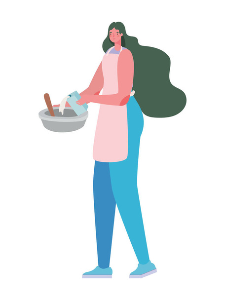 Femme cuisine dessin animé avec bol et tablier vecteur design - Vecteur, image