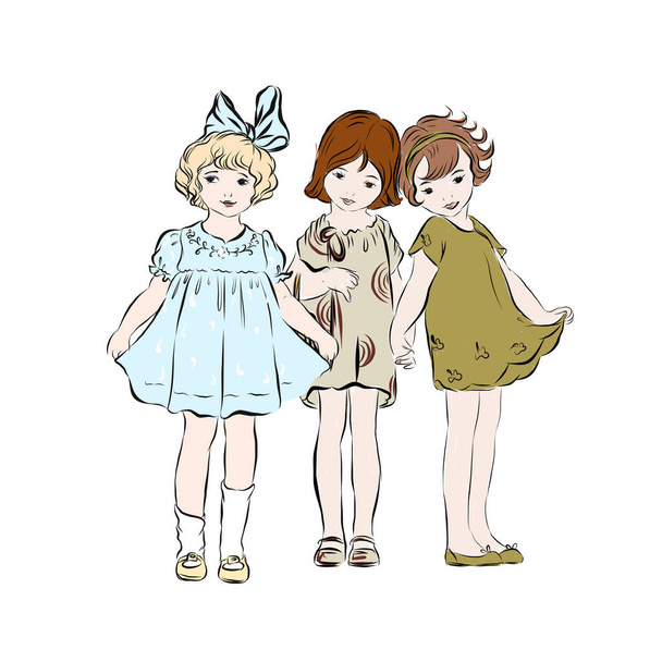  Little girlfriends in summer dress standing together.  - Vector, Image