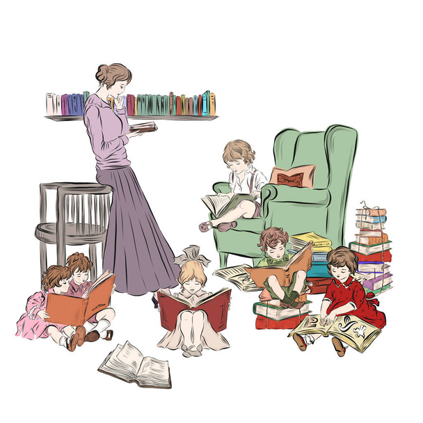 La fête des mères. Femme avec ses nombreux enfants lit des livres dans une chambre avec un fauteuil, étagère murale. Éducation à domicile. Baby sitter à la maternelle.  - Vecteur, image