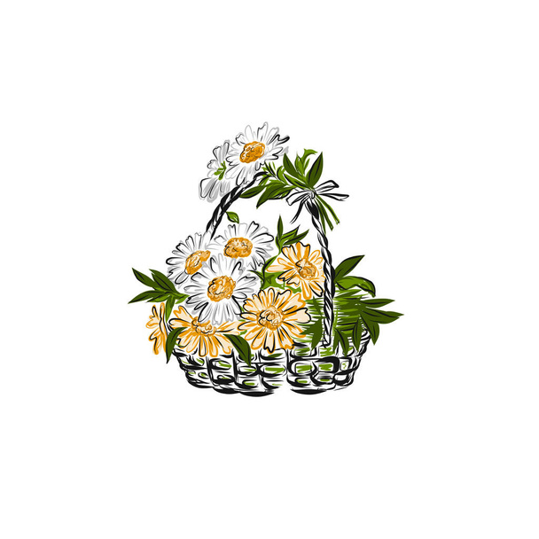  Cesta de mimbre con ramo de crisantemos blancos y amarillos. Arreglo floral con flores de primavera
.  - Vector, imagen