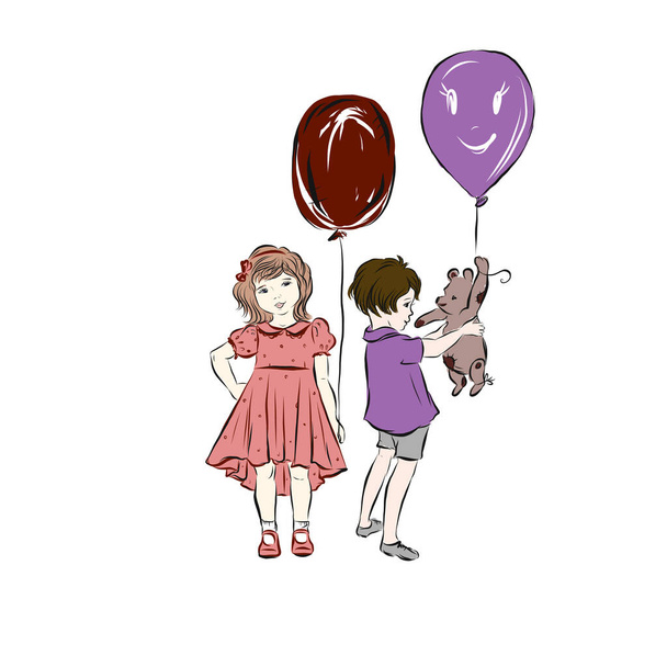  Boy and girl with balloons in dark red and purple colors. Children's holiday. Drawing for greeting postcard with Happy Birthday. Kid's gifts.  - Vector, Image