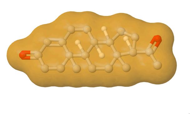 Az emberi nemi hormon progeszteron molekula szerkezete, kombinált felületi labda és bot modell, fehér háttér, 3D illusztráció - Fotó, kép