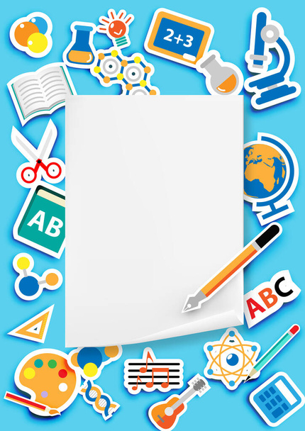 Back to school with blank paper sheet modern paper art design and flat icon sticker background vector and illustration - Vector, imagen