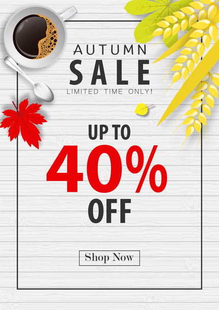 autumn sale banner background ,forty percent sale off with coffee cup and barley rice on wood texture vector or illustration - Vektori, kuva