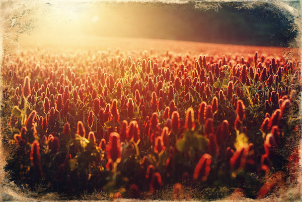 Gyönyörű virágzó rét naplementekor, vörös virágok rét. - Fotó, kép