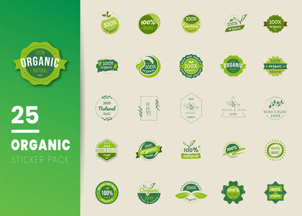 Sada 100% přírodní a organické logo šablony vektorové zdraví odznak design. Sbírkové etikety a prvky pro potraviny a nápoje, restaurace a ekologické produkty. vektorová ilustrace. - Vektor, obrázek