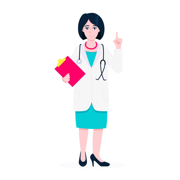 Medico donna in piedi e tenendo appunti e stetoscopio con indice dito piatto stile disegno vettoriale illustrazione
 - Vettoriali, immagini