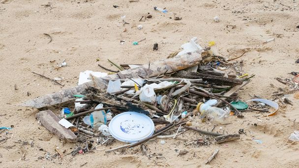 環境汚染。生態学的問題。熱帯海の砂浜のゴミ、プラスチック、廃棄物.  - 写真・画像