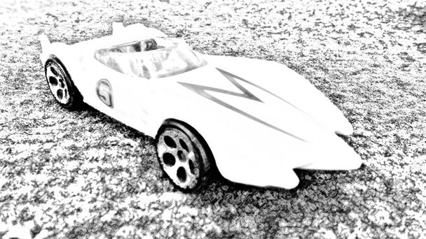 Beyaz bir yarış arabasını temsil eden bilgisayar destekli siyah beyaz çizim. - Fotoğraf, Görsel