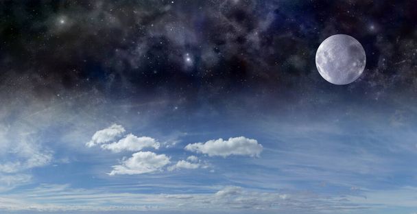 Φεγγάρι, Νύχτα και Ημέρα όλα με τη μία φόντο - σκούρο μπλε βαθύ διάστημα, μια πανσέληνος με πολλά διαφορετικά αστέρια, πλανήτες και σύννεφα συγχωνεύονται σε ένα όμορφο φως μπλε ημέρα ουρανό σύννεφο σχηματισμού φόντο - Φωτογραφία, εικόνα