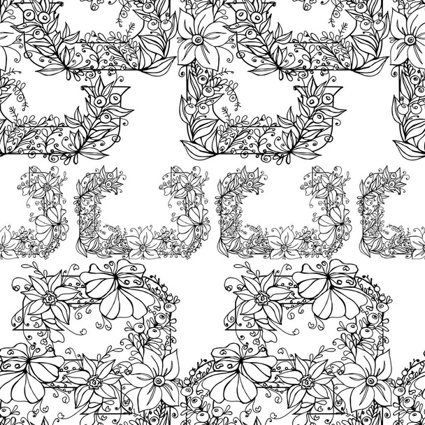 Abstract shapes and flowers. Seamless vector pattern of letters C. - Wektor, obraz