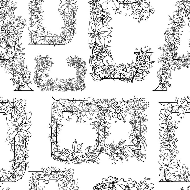 Different letters in flowers on a white background. Black and white vector seamless pattern. - Wektor, obraz
