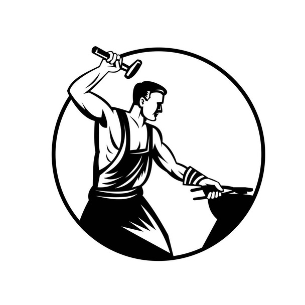 Černobílý retro styl ilustrace kováře nebo slévárny dělníka s kladivem udeří kovadlinu na izolovaném pozadí. - Vektor, obrázek