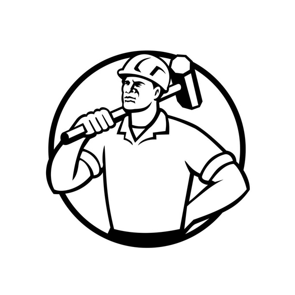 Mascote ilustração de um negro afro-americano demolição trabalhador, trabalhador ou trabalhador da construção civil com marreta definido dentro círculo em fundo branco isolado feito em estilo retro
. - Vetor, Imagem