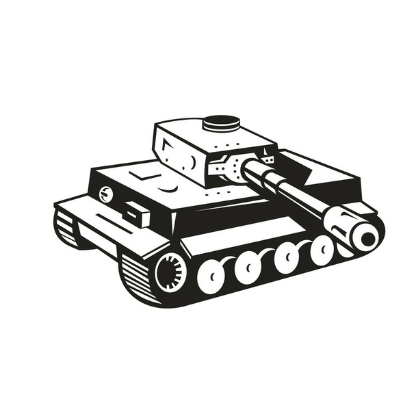 Schwarz-weiße Retro-Illustration eines deutschen Panzerpanzers aus dem Zweiten Weltkrieg, der seine Kanone auf isoliertem Hintergrund zur Seite richtet. - Vektor, Bild