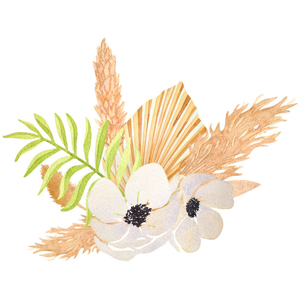 Samenstelling met gedroogde bloemen en anemoon geïsoleerd op een witte achtergrond. Handgetekende aquarel delicate pampas gras, palmbladeren en witte bloemen zijn perfect voor bruiloft uitnodigingen. - Foto, afbeelding