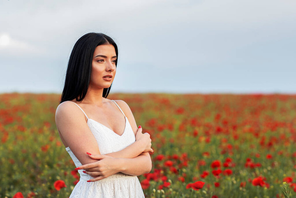 Moda longa mulher de cabelo preto no meio do campo de flores vermelhas posando
 - Foto, Imagem
